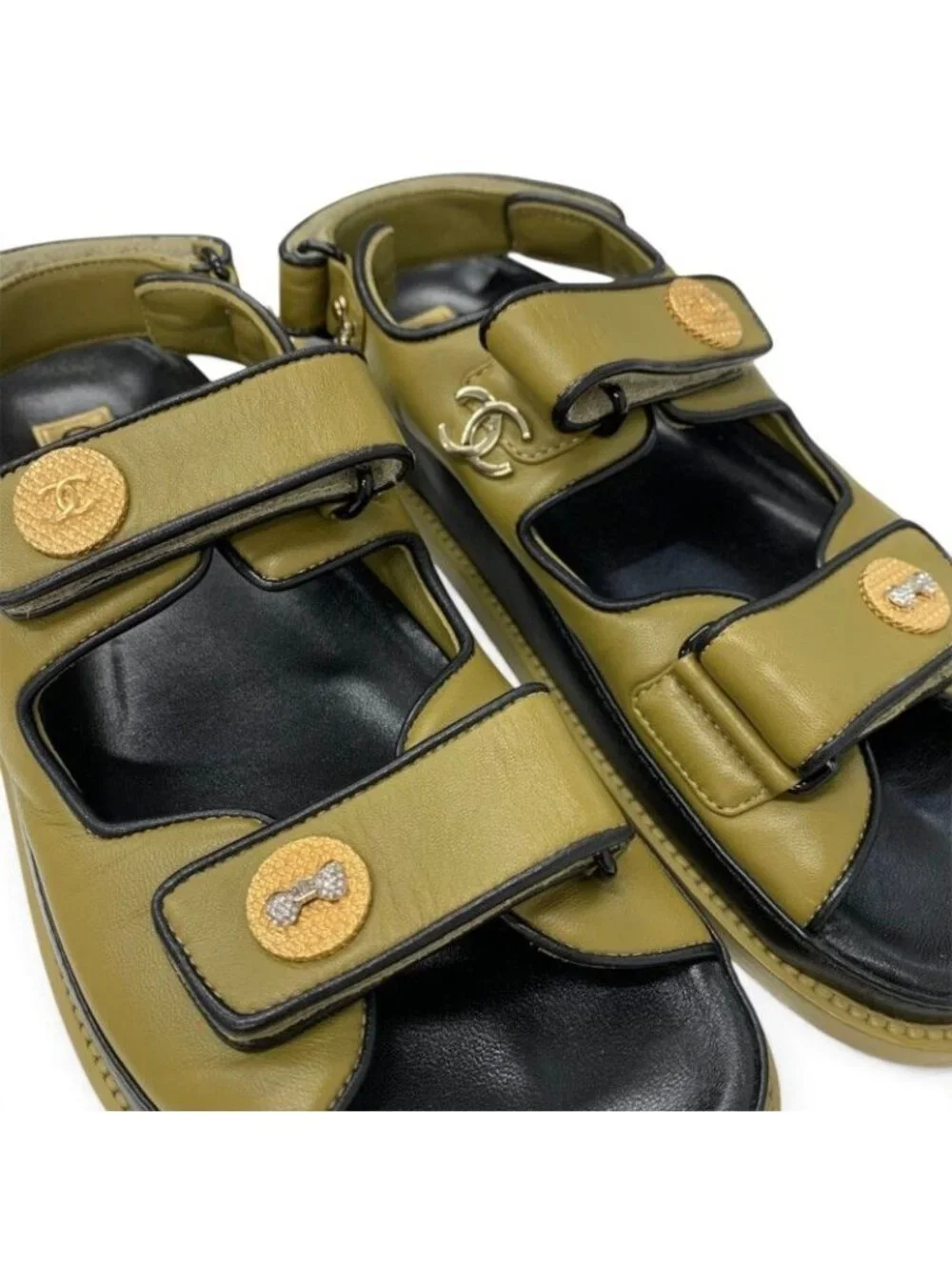 Chanel Sandals Shoes Leather Khaki Black Flat CC Logo Clover Rhinestone Velcro